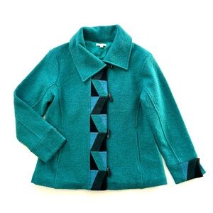 Carson Teal Green Blue Wool Geometric Pattern Accent Toggle Jacket